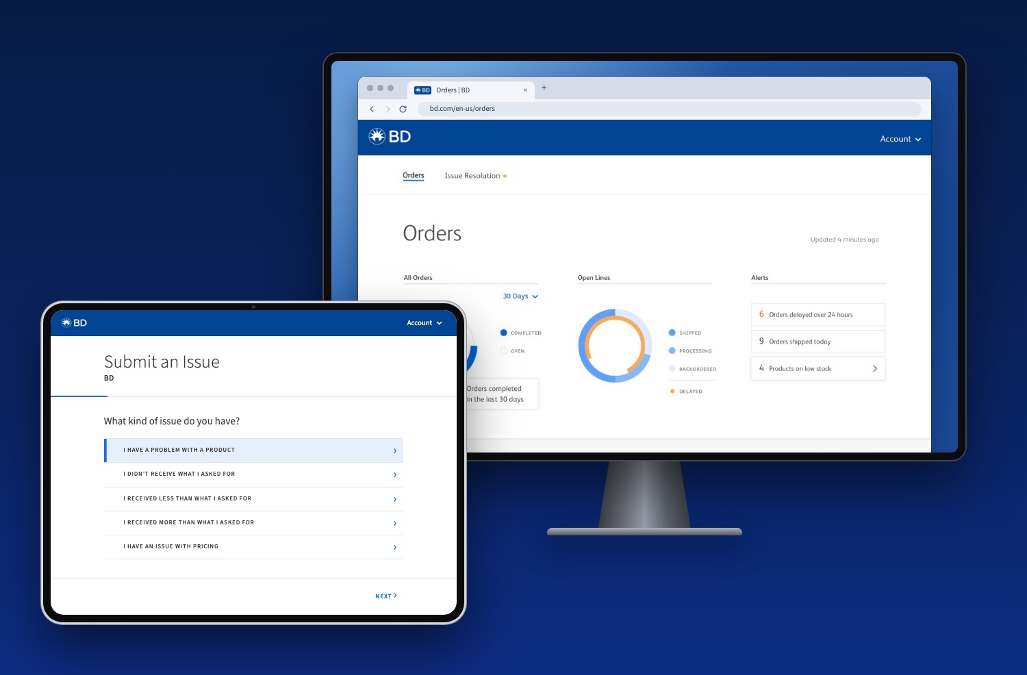 The BD self-service portal on a desktop display beside the issue app on a tablet