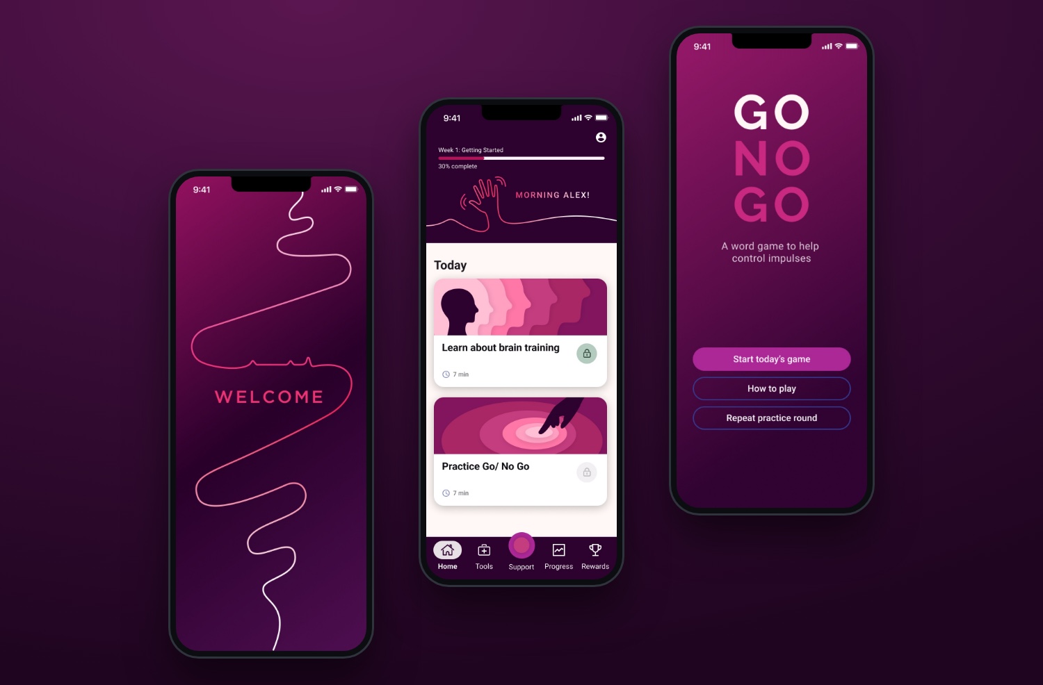 Three screens from the Throughline direction of the Click Therapeutics app on phones