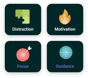 Boat toolkit icons: green puzzle pieces for Distraction, a layered orange flame for Motivation, a coral target for Focus, and a teal compass for Guidance, on dark green cards