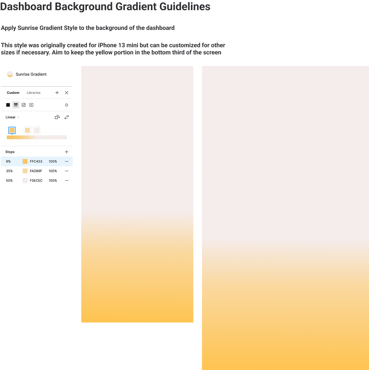 Dashboard background gradient guideline: the sunrise gradient, pale at the top and yellow in the bottom third