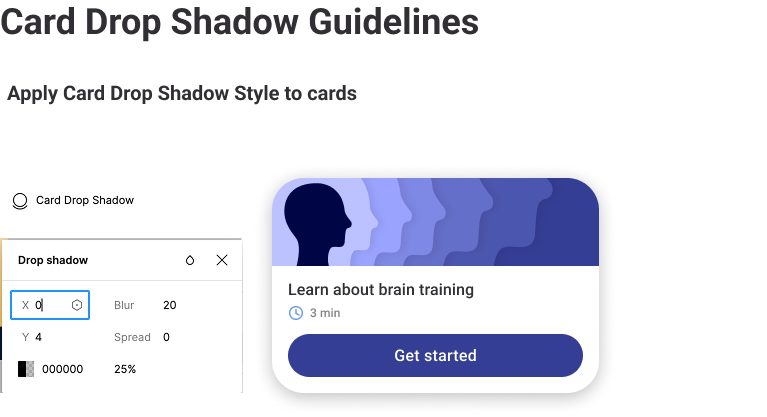 Card drop shadow guideline: a lesson card with its shadow settings, 0 by 4, blur 20, 25 percent black