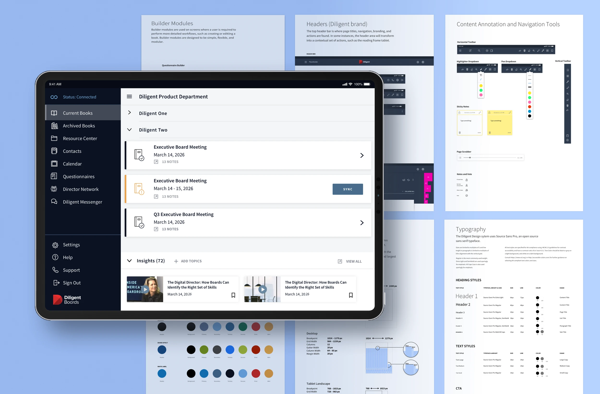 The refreshed Diligent product with pages from the design system